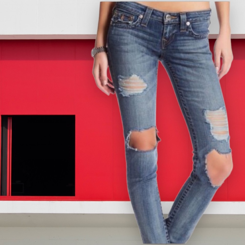 True Religion: Distressed Skinny Flap Fossil Silk Jeans